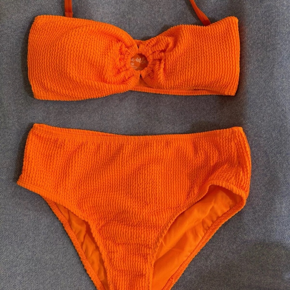 Neon Bright Orange Cabana del Dol sz L 2 Piece Swimsuit  (detachable Straps)